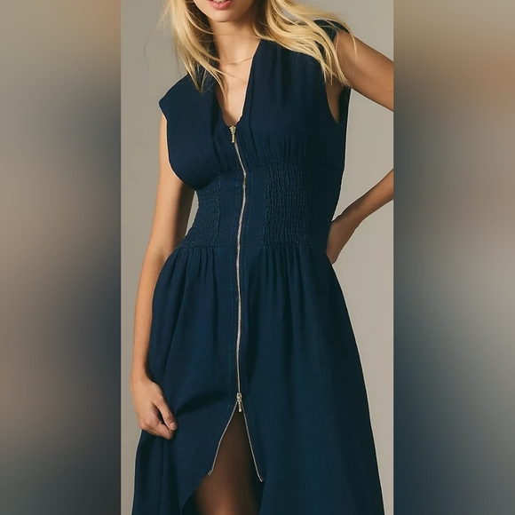 Anthropologie The Tommie Cap Sleeve Smocked front zip dress: denim edition - Picture 2 of 6